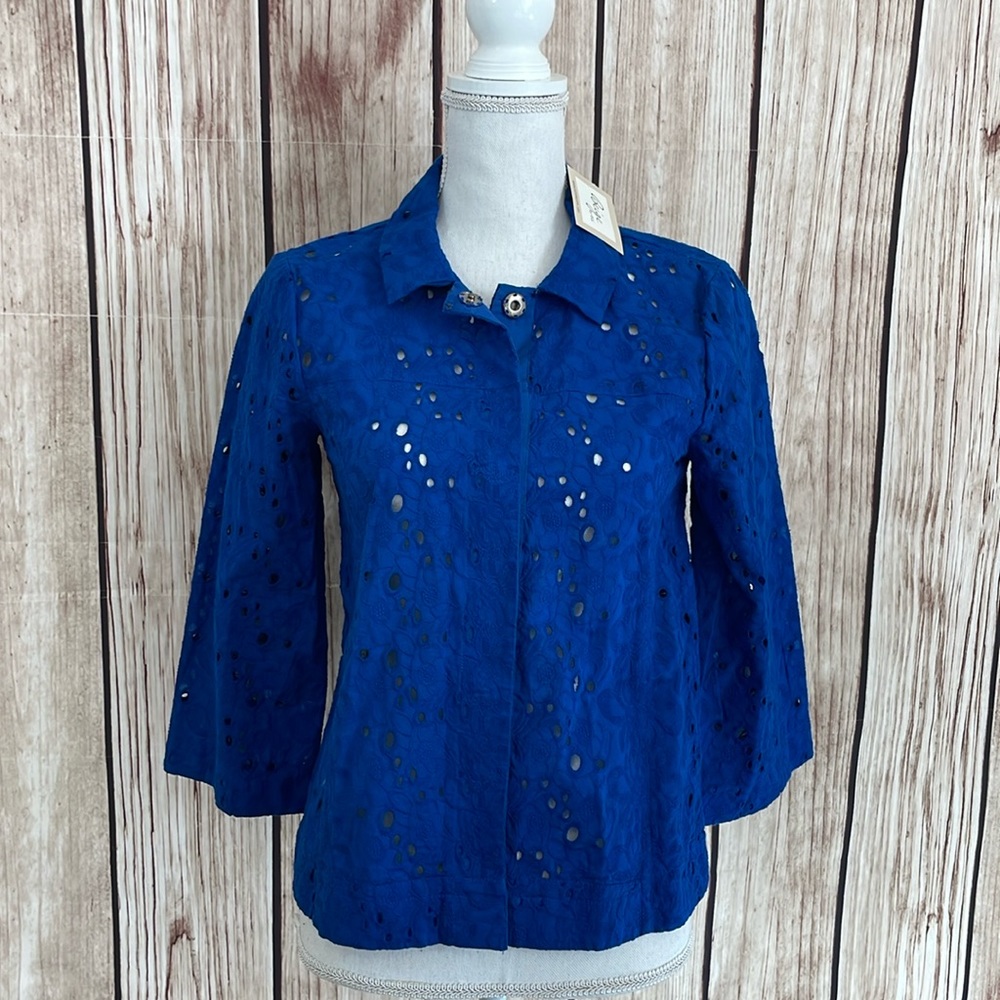 Beige by eci Vibrant Lightweight Blue Punch Out Snap Button Down Blouse - Sz 4